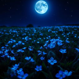 A stunning nocturnal landscape filled with vibrant blue flowers that glow softly under the moonlight