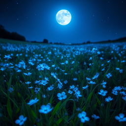 A stunning nocturnal landscape filled with vibrant blue flowers that glow softly under the moonlight