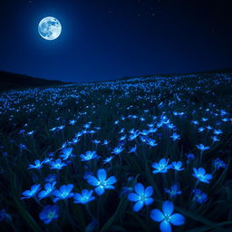 A stunning nocturnal landscape filled with vibrant blue flowers that glow softly under the moonlight