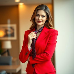 A sophisticated and beautiful woman in a vivid red office suit stands confidently, holding a stylish man's necktie closely to her face