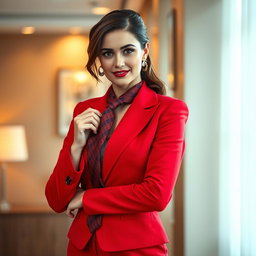 A sophisticated and beautiful woman in a vivid red office suit stands confidently, holding a stylish man's necktie closely to her face