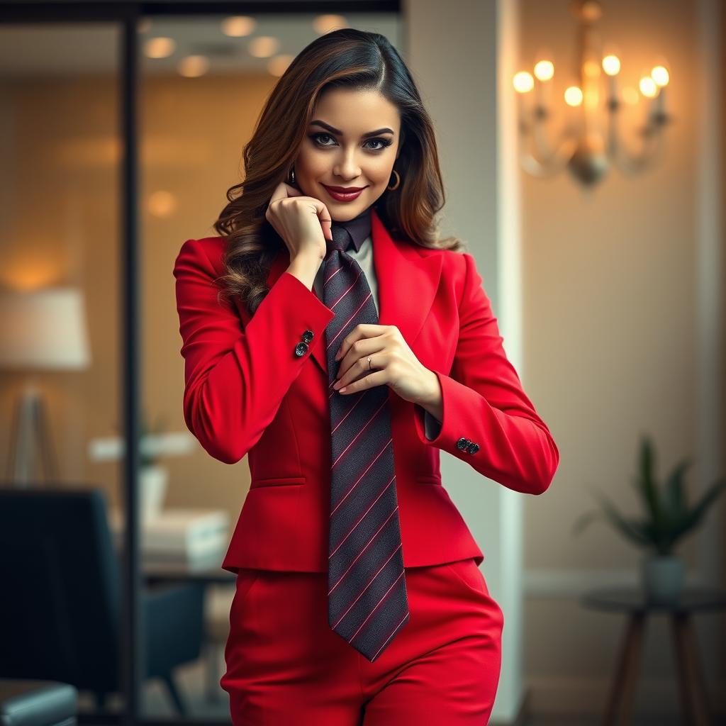 A sophisticated and beautiful woman in a vivid red office suit stands confidently, holding a stylish man's necktie closely to her face
