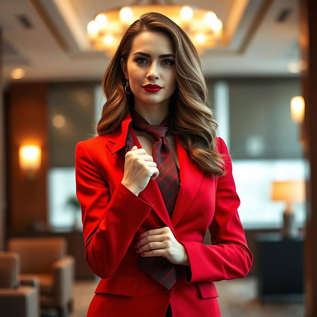 A sophisticated and beautiful woman in a vivid red office suit stands confidently, holding a stylish man's necktie closely to her face