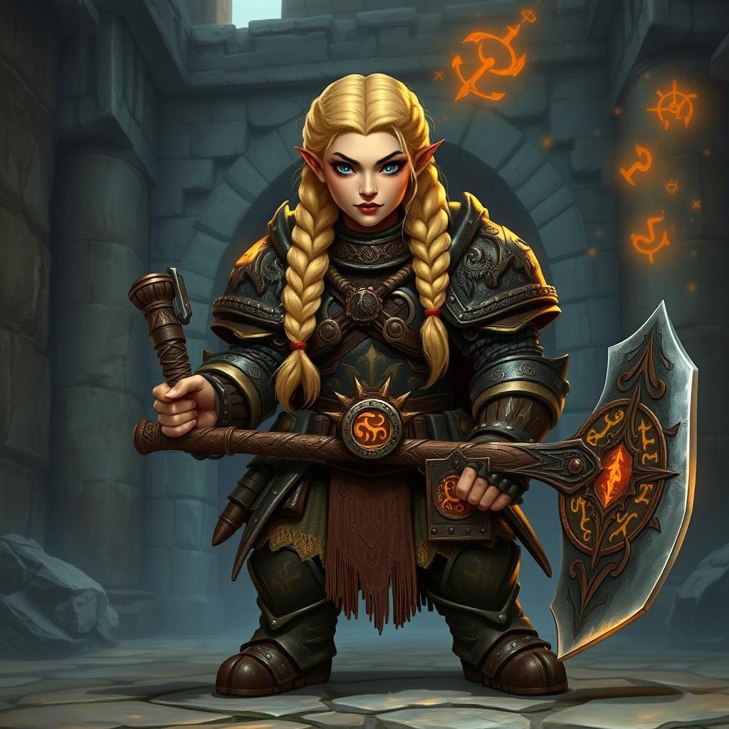 An old school fantasy dwarf female with a short, stout body, showcasing intricate braided blonde hair