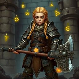 An old school fantasy dwarf female with a short, stout body, showcasing intricate braided blonde hair