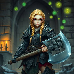 An old school fantasy dwarf female with a short, stout body, showcasing intricate braided blonde hair