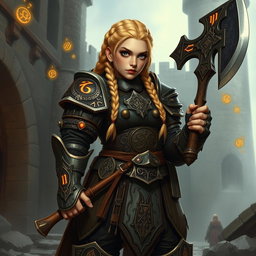 An old school fantasy dwarf female with a short, stout body, showcasing intricate braided blonde hair