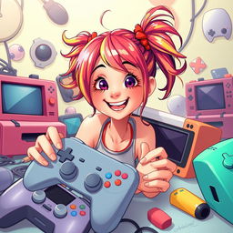 A vibrant and playful digital art scene featuring a female character inspired by popular gaming culture, looking cheerful and whimsical