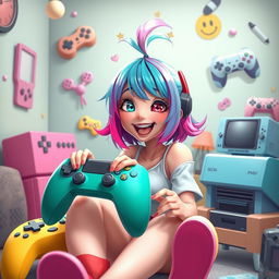 A vibrant and playful digital art scene featuring a female character inspired by popular gaming culture, looking cheerful and whimsical