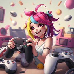 A vibrant and playful digital art scene featuring a female character inspired by popular gaming culture, looking cheerful and whimsical