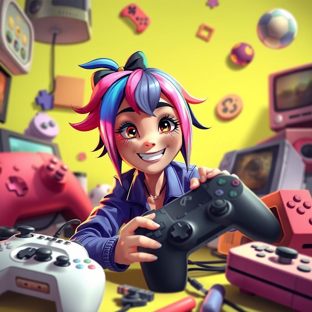 A vibrant and playful digital art scene featuring a female character inspired by popular gaming culture, looking cheerful and whimsical