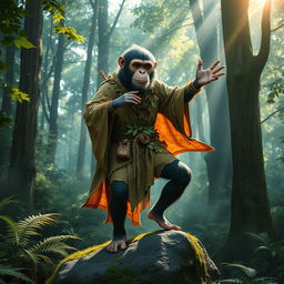 A half monkey half man figure dressed in an intricately detailed druid outfit, complete with flowing robes made of natural materials and decorated with leaves and vines