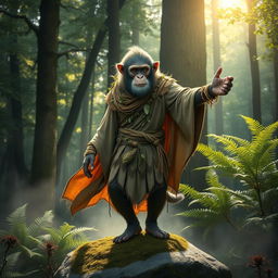 A half monkey half man figure dressed in an intricately detailed druid outfit, complete with flowing robes made of natural materials and decorated with leaves and vines