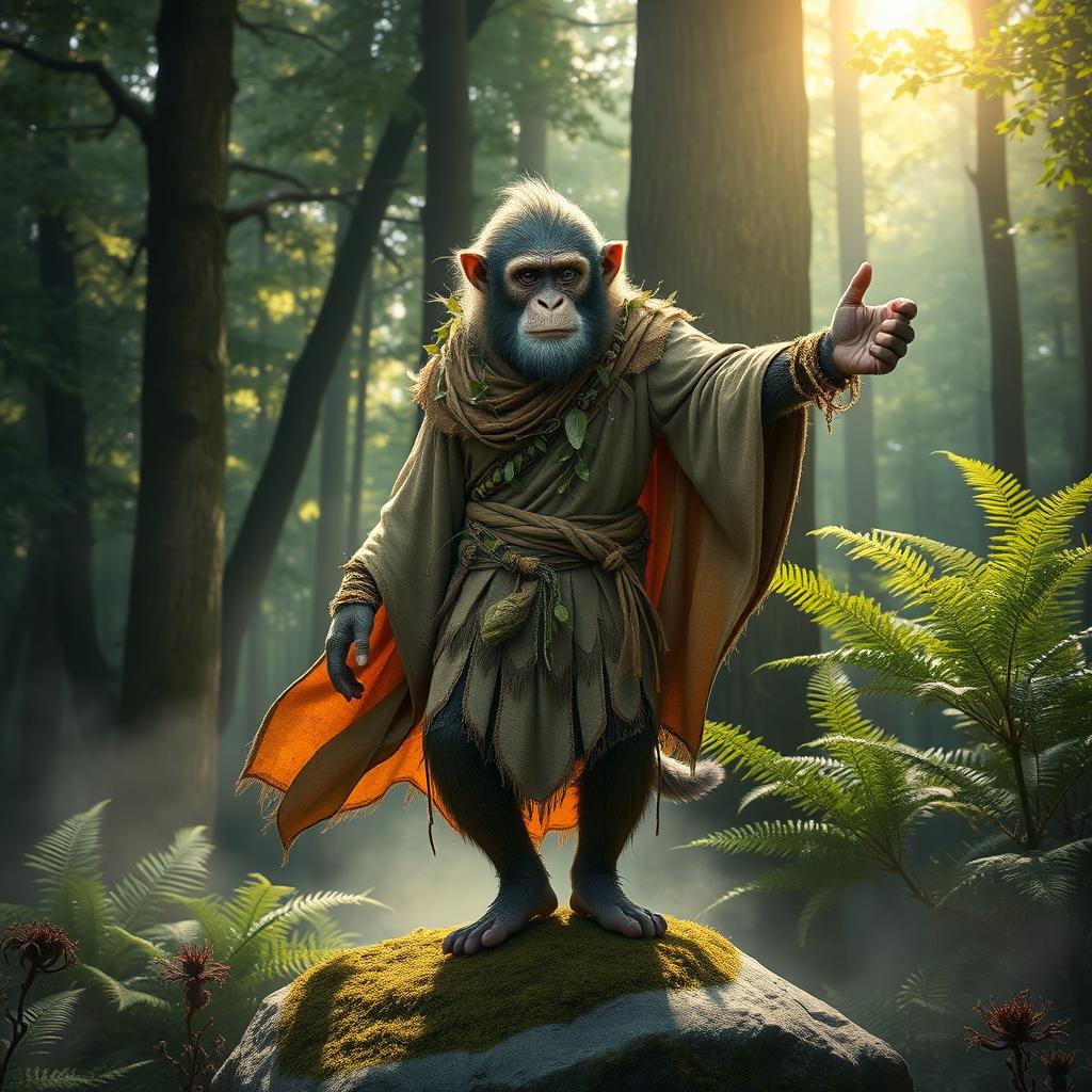 A half monkey half man figure dressed in an intricately detailed druid outfit, complete with flowing robes made of natural materials and decorated with leaves and vines