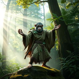 A half monkey half man figure dressed in an intricately detailed druid outfit, complete with flowing robes made of natural materials and decorated with leaves and vines
