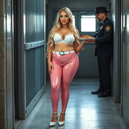 A full-length photograph of a sexy and stunning 18-year-old girl with a potbellied figure, long blond hair, and crystal blue eyes