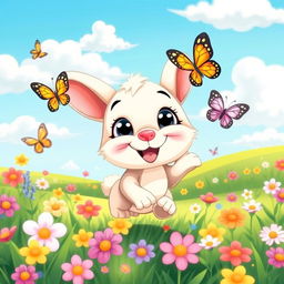 A cute cartoon scene featuring a joyful little animal, such as a fluffy bunny or a playful kitten, frolicking in a vibrant meadow filled with colorful flowers and butterflies