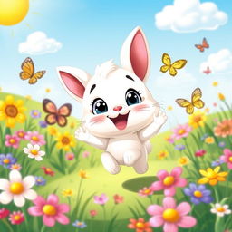 A cute cartoon scene featuring a joyful little animal, such as a fluffy bunny or a playful kitten, frolicking in a vibrant meadow filled with colorful flowers and butterflies