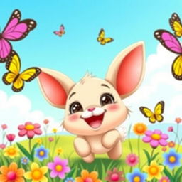 A cute cartoon scene featuring a joyful little animal, such as a fluffy bunny or a playful kitten, frolicking in a vibrant meadow filled with colorful flowers and butterflies