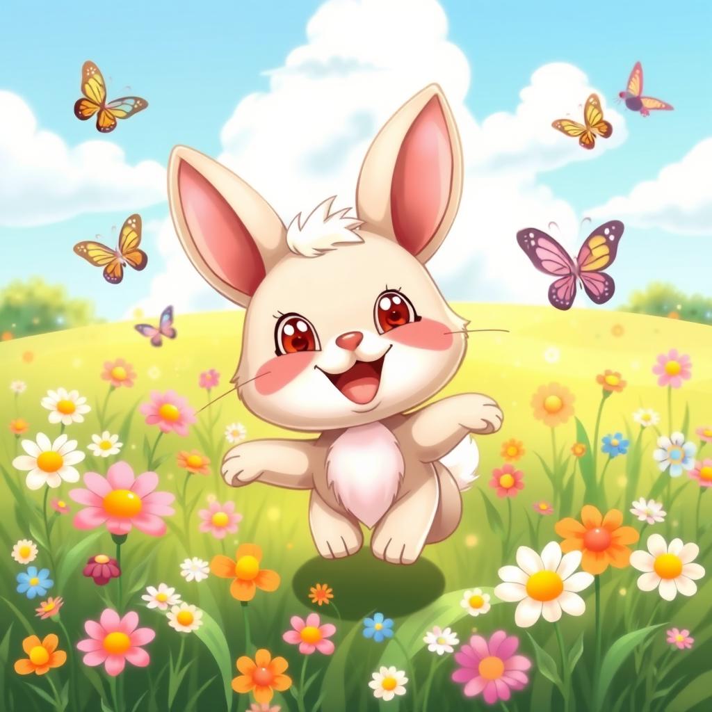 A cute cartoon scene featuring a joyful little animal, such as a fluffy bunny or a playful kitten, frolicking in a vibrant meadow filled with colorful flowers and butterflies
