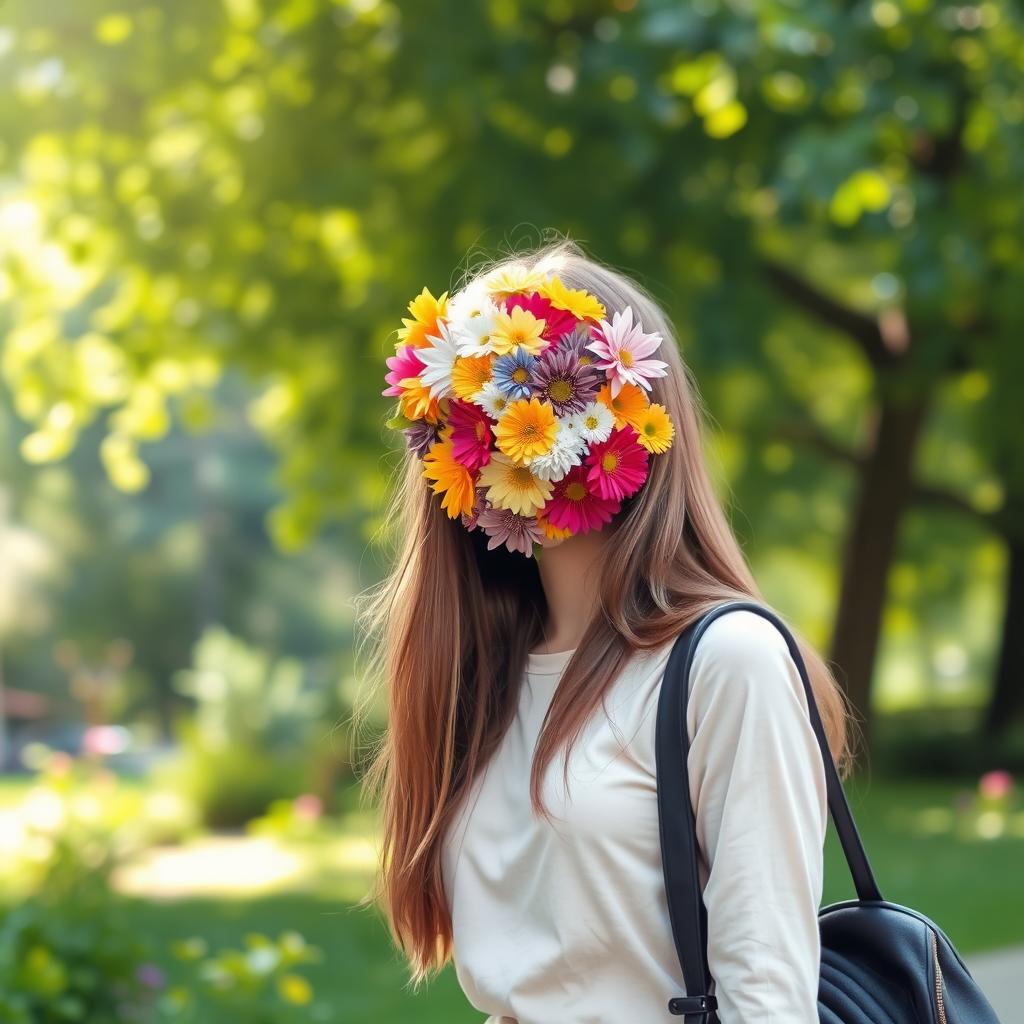 A girl with long hair, wearing a stylish outfit, has a bag slung over her shoulder, walking through a vibrant park