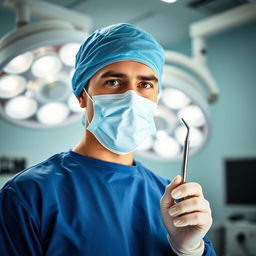 A skilled surgeon in a bright, modern operating room, wearing a blue surgical gown and a surgical mask, holding a shiny surgical instrument (scalpel) in one hand