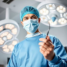 A skilled surgeon in a bright, modern operating room, wearing a blue surgical gown and a surgical mask, holding a shiny surgical instrument (scalpel) in one hand