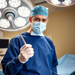 A skilled surgeon in a bright, modern operating room, wearing a blue surgical gown and a surgical mask, holding a shiny surgical instrument (scalpel) in one hand