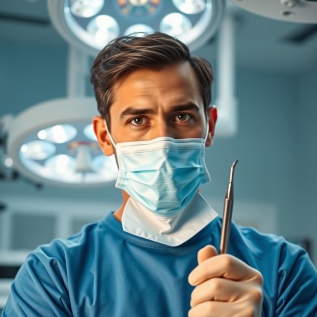 A skilled surgeon in a bright, modern operating room, wearing a blue surgical gown and a surgical mask, holding a shiny surgical instrument (scalpel) in one hand