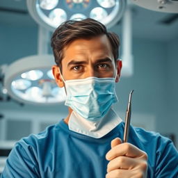 A skilled surgeon in a bright, modern operating room, wearing a blue surgical gown and a surgical mask, holding a shiny surgical instrument (scalpel) in one hand