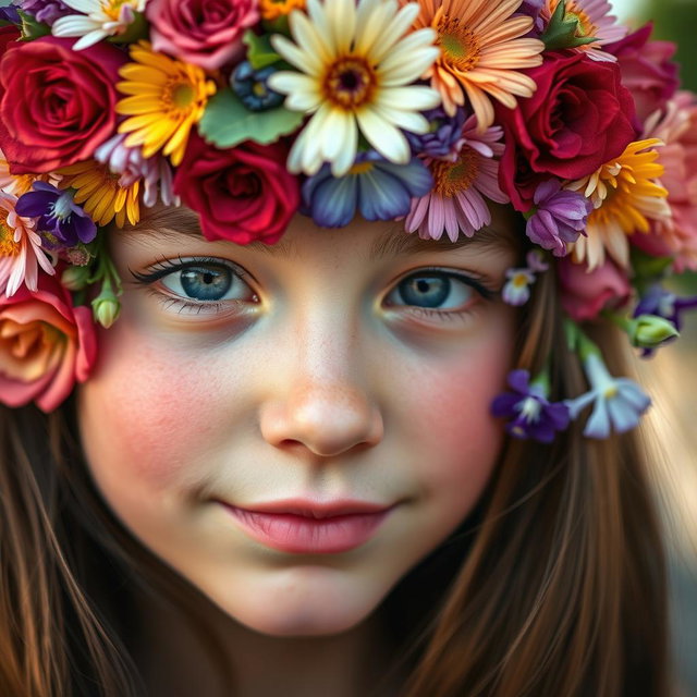 A close-up portrait of a girl with her face beautifully covered in a vibrant array of various flowers, including roses, daisies, and violets