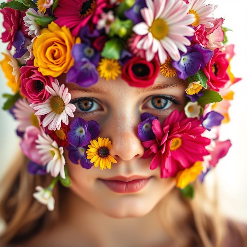 A close-up portrait of a girl with her face beautifully covered in a vibrant array of various flowers, including roses, daisies, and violets
