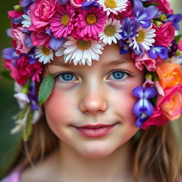A close-up portrait of a girl with her face beautifully covered in a vibrant array of various flowers, including roses, daisies, and violets