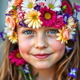 A close-up portrait of a girl with her face beautifully covered in a vibrant array of various flowers, including roses, daisies, and violets