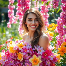 A beautiful young woman surrounded by an enchanting array of colorful flowers, her body partially covered by a cascading flow of blossoms in various vibrant hues