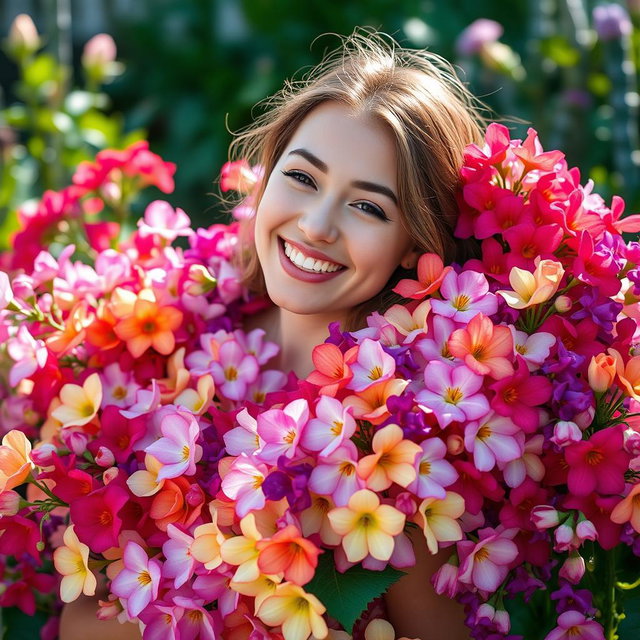 A beautiful young woman surrounded by an enchanting array of colorful flowers, her body partially covered by a cascading flow of blossoms in various vibrant hues