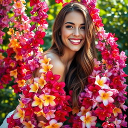 A beautiful young woman surrounded by an enchanting array of colorful flowers, her body partially covered by a cascading flow of blossoms in various vibrant hues