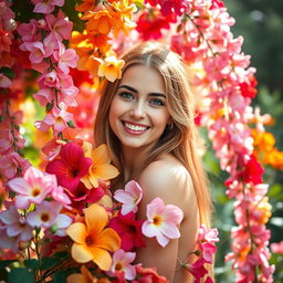 A beautiful young woman surrounded by an enchanting array of colorful flowers, her body partially covered by a cascading flow of blossoms in various vibrant hues