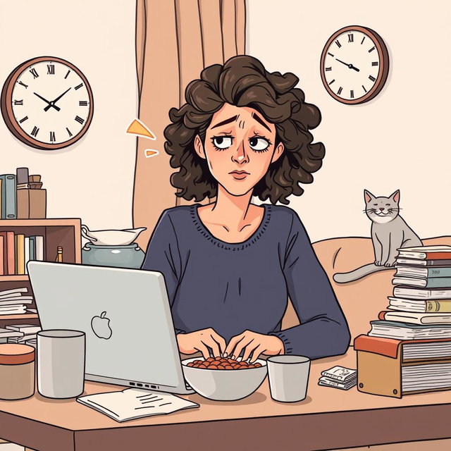 An illustration showcasing a relatable routine problem scenario, featuring a young adult in a cozy apartment setting