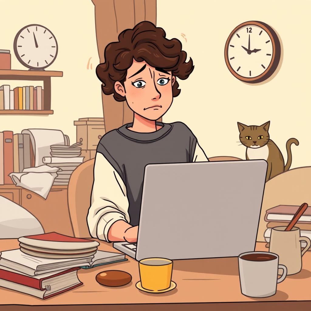An illustration showcasing a relatable routine problem scenario, featuring a young adult in a cozy apartment setting