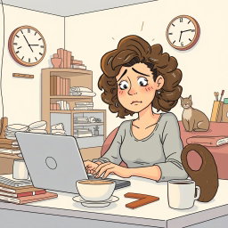 An illustration showcasing a relatable routine problem scenario, featuring a young adult in a cozy apartment setting