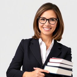 A woman lecturer standing confidently in a professional pose, wearing stylish glasses, a tailored blazer, and holding a stack of books in one hand