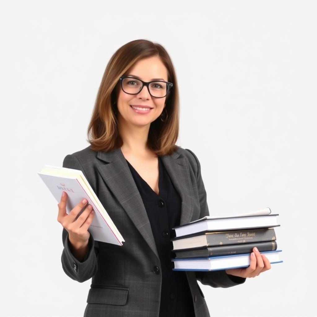 A woman lecturer standing confidently in a professional pose, wearing stylish glasses, a tailored blazer, and holding a stack of books in one hand