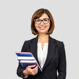 A woman lecturer standing confidently in a professional pose, wearing stylish glasses, a tailored blazer, and holding a stack of books in one hand