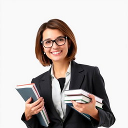 A woman lecturer standing confidently in a professional pose, wearing stylish glasses, a tailored blazer, and holding a stack of books in one hand