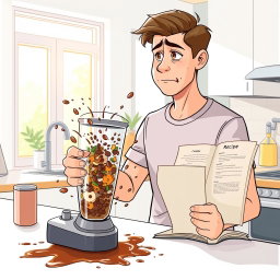 An illustration depicting a common daily problem scenario, featuring a young man in his mid-20s in a modern kitchen