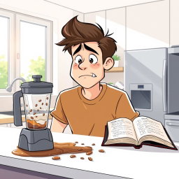 An illustration depicting a common daily problem scenario, featuring a young man in his mid-20s in a modern kitchen