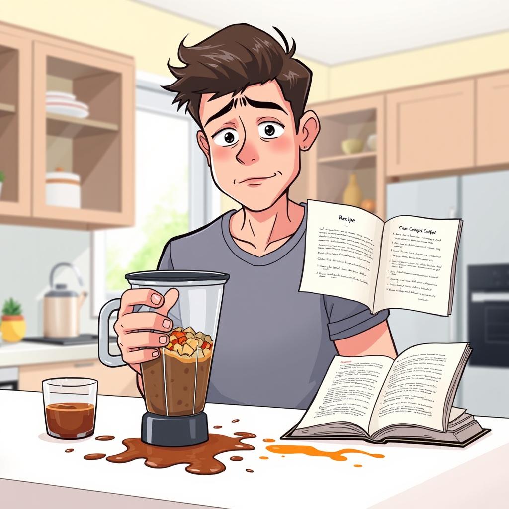 An illustration depicting a common daily problem scenario, featuring a young man in his mid-20s in a modern kitchen