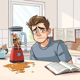 An illustration depicting a common daily problem scenario, featuring a young man in his mid-20s in a modern kitchen