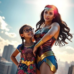 A hyper-realistic scene featuring Wonder Woman standing confidently beside a little girl